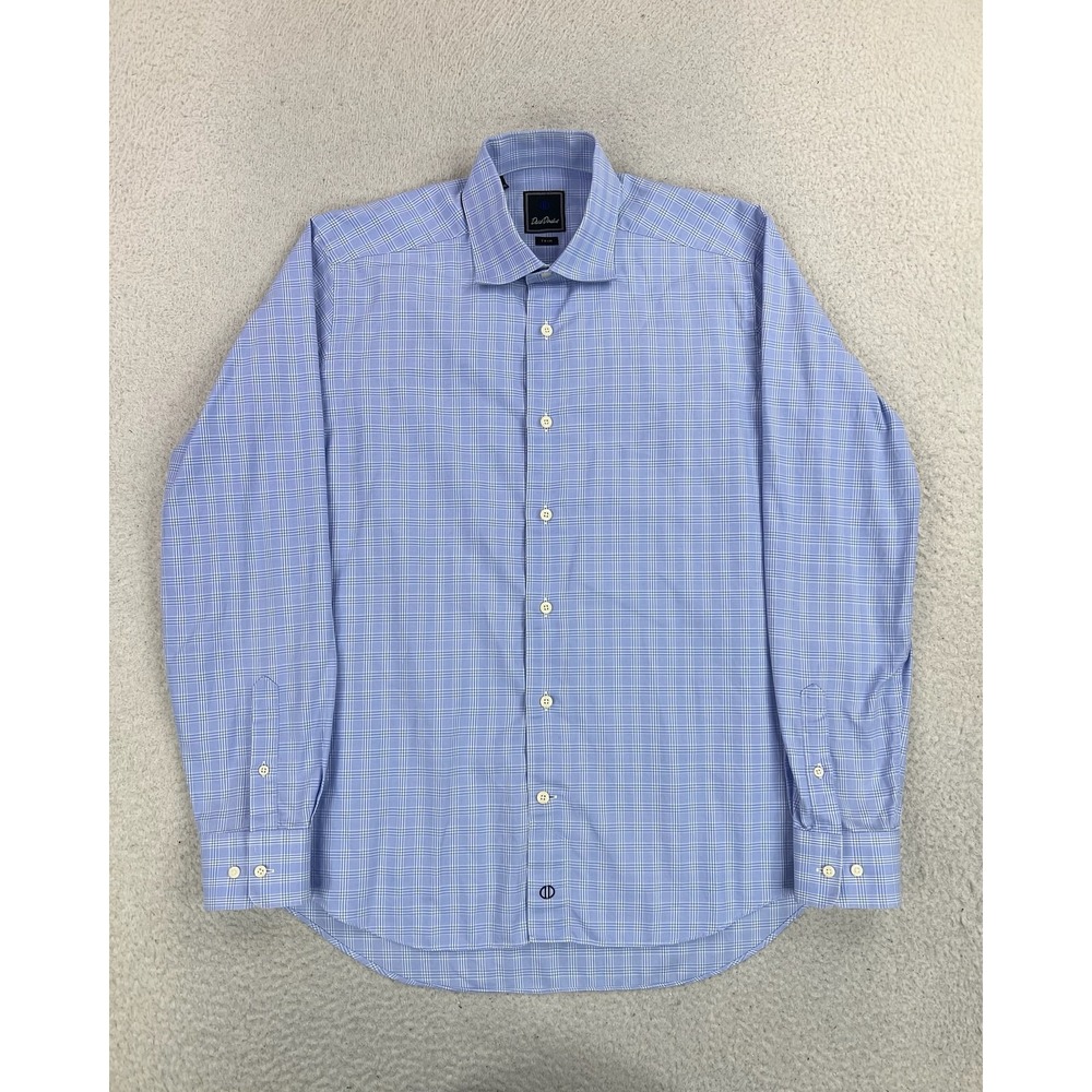 David Donahue Dress Shirt Mens 16 34/35 Blue Check Trim Fit Woven Cotton LS
